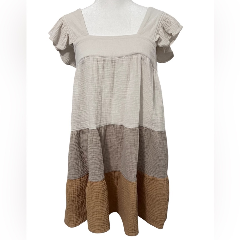 Aura Dress Womens Small Ruffle Tiered Colorblock Pockets Cotton Pullover